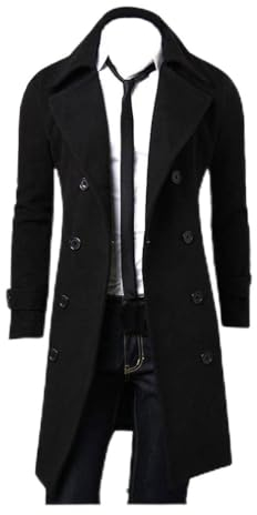 Kolylong Mantel Herren Herren Vintage Lang Wollmantel Slim Fit Trenchcoat Männer Wolljacke Windbreaker Business Parka Outwear Überzieher Strickjacke Cardigan (XXL, Schwarz)