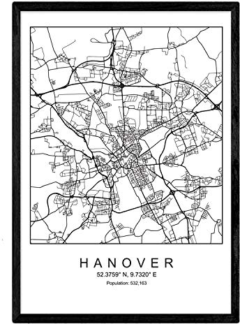 Nacnic Minimalistische Stadtplanen Poster. Geometrische Stil Wanddekoration Abbildung von Hannover. Verschiedene Deutsche Stadtkarten, Plänen und Reisen Bilder ohne Rahmen. Größe A4.