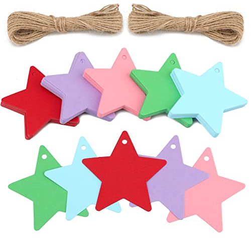 Geschenkanhänger Weihnachten Stern Anhänger Kraftpapier Etiketten, 100 Stück Tags mit Jute Schnur, für Weihnachtsgeschenke Dekoration (5 leuchtende Farben)