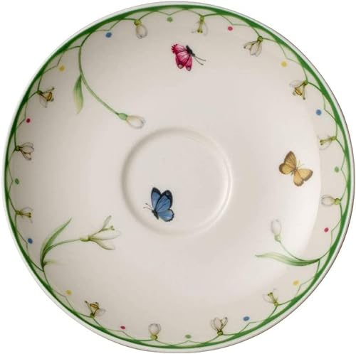 Villeroy & Boch Colourful Spring Kaffeeuntertassen 6er Set, ø 14,8 cm, Untertassen mit Schmetterlingen- und Blumen-Dekor, Ostern Deko, Premium Porzellan, Weiß/Bunt