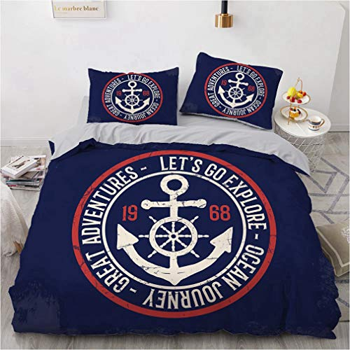 NEWAT Seefahrts-Ozean-Thema, Bettdecken-/Bettbezug-Set, Bootsschiff Anker Rad Kompass Lampe Leuchtturm Seilflasche, Blau Marineblau Weiß (F,135 x 200 cm)