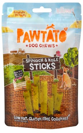 Pawtato Vegan Dog Sticks - Spinach & Kale (12 x 120g) – Hypoallergenic Low Fat, Plant-Based Chews for Training & Reward | Sweet Potato & Rice Rawhide-Free Treats