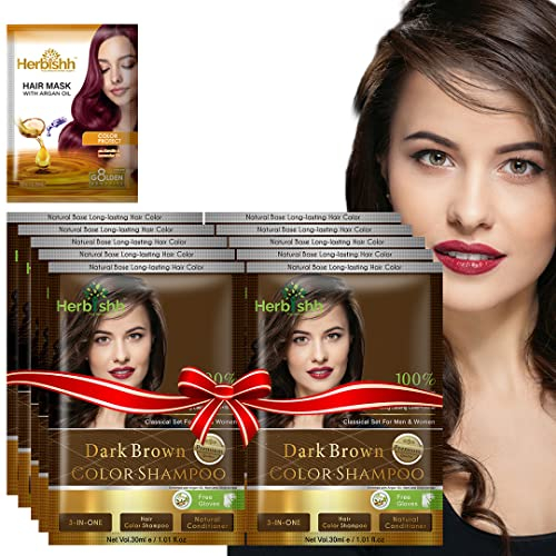 Herbishh Haarfärbe-Shampoo mit Argan-Haarmaske, Reisegröße, Farben in Minuten, lang anhaltende Farbe, 10 Stück + 1 Packung, ohne Ammoniak (Dark Brown)