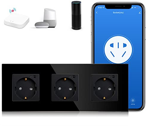 BSEED Schuko Smart Alexa ZigBee 3 Fach Steckdose 16A Glassteckdose, 1 Pack 1 Weg Schwarz 228mm Unterputz-Installation APP-Steuerung Arbeit mit Alexa/Google Home DIY Free Spin Nur 2.4 GHz