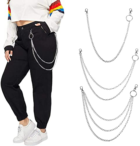 3 PCS Hosenkette Set, Mehrlagige Jeanskette, Jeans Ketten Hip Hop Punk Gürtelketten, Jeans Kette Multilayer Einfach, Hosen Kette, Hip Hop Hosenkette, Hosenkette Punk für Männer &Frauen (Silber)
