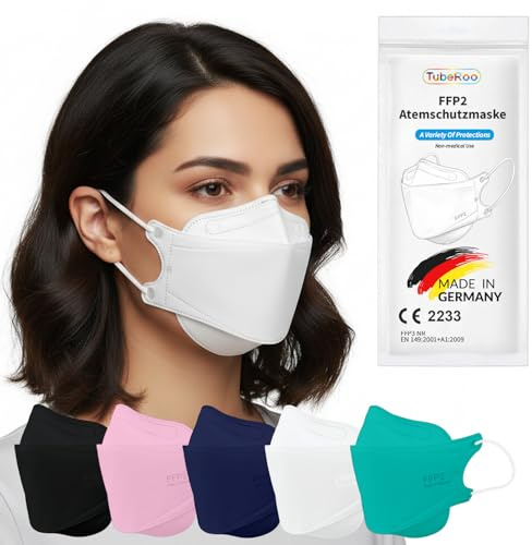 TubeRoo FFP2 Maske weiß Fischform, 10 Stück Masken aus Deutschland, Made in Germany, weiche Ohrschlaufen Bänder, Atemschutzmaske, Mundschutz