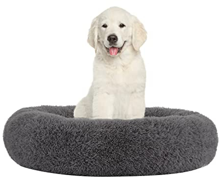 PETORREY Beruhigendes Hundebett Katzenbett, rund Donut-Hundebett für kleine Hunde, gemütliches, wärmendes Haustierbett, Anti-Angst, flauschig, ultraweich, maschinenwaschbar (Grau76CM)