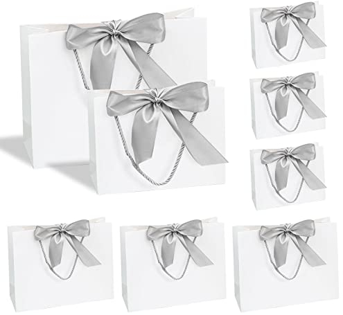 TSHAOUN 6 Stück Geschenktasche 2 Größen Extra Klein & Klein Mit Silbernem Henkel und Silbernem Schmetterlingsband Einfarbige DIY-Geschenktüte Perfekt für Partys, Hochzeiten, Geschenke (White)
