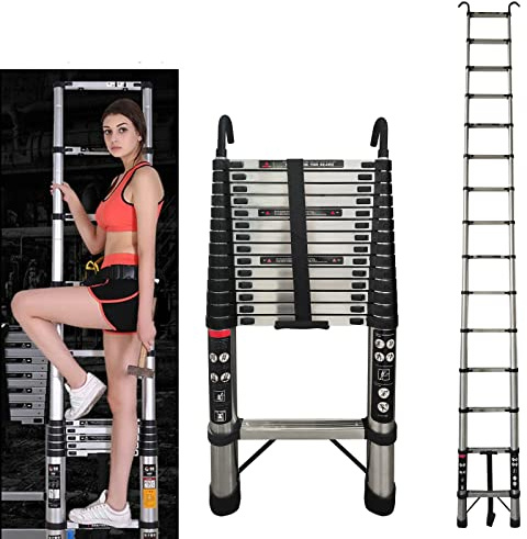 Teleskopleiter Klappleiter Ausziehleiter mit 2 Haken, 4,4m Edelstahl Schiebeleiter, Tragbare Mehrzweck Dachbodenleiter, 150kg Tragkraft