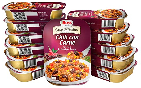 Buss Freizeitmacher Pikantes Chili con Carne mit Hackfleisch, Reis, roten Bohnen, Mais, Tomaten, Paprika - Fertiggerichte zum Aufwärmen in Mikrowelle & Topf - Schnell & Einfach Zubereitet - 12 x 300g