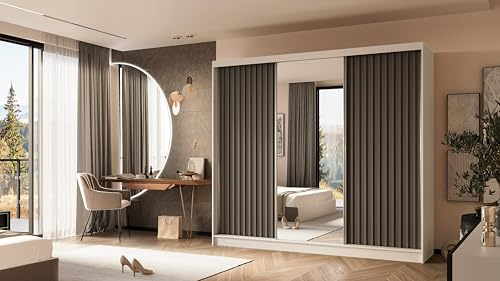 ALTDECOR Kleiderschrank mit Spiegel und Schiebetüren, kugelgelagerte Führungsschienen und Aluminium-Leisten, LED-Beleuchtung (16 Farben) und Fernbedienung - LAMELO - 240 cm Weiß + Grau + Grau