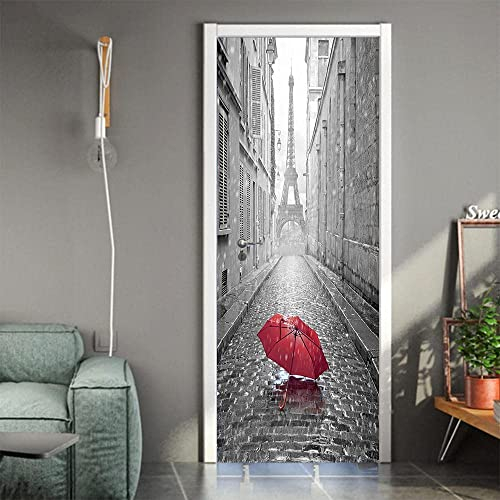 3D Türtapete Selbstklebend Türaufkleber - Roter Regenschirm Auf Den Straßen Von Paris 80 X 200 Cm Tür Poster - Pvc Wasserfest Wandtattoo Für Schlafzimmer Wohnzimmer Tür Dekoration Tapete - Fototapete