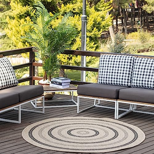 Livabliss Porto Runden Outdoor Teppich - Wetterfest für Balkon 160 cm, Terrasse, Garten, Küche - Boho Style für Draußen - Beige, Schwarz