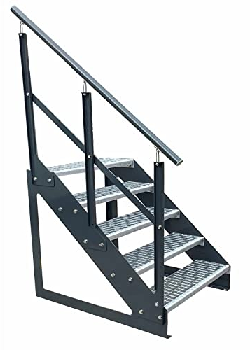 Kaminbau Mierzwa Premium Treppe Freistehend 5 Stufen(Verzinkt) Geländer Links (Breite 1400 mm) (Höhe 95cm) Wetterfest Gitterroststufe Gartentreppe