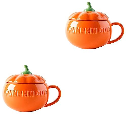 Yardwe Ceramic Autumn Cup 2PCS Cute Pumpkin Cup Ceramic Coffee Milk Mug with Lid Halloween Mug for Halloween, Thanksgiving, Birthday, Fall Party Favors (Medium) Tableware Pumpkin Cups