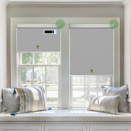 DONGFXK Solar Panel Motorized Roller Shades Upgraded to Smart with Complimentary Blackout Electric Automatic Blinds for Window with Cooling Silver Ion Compatible with Google Alexa,Gray 31 Wx72 H