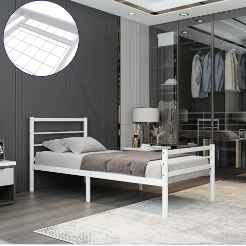 AVENSIS Chester 3ft Heavy Duty Mesh Base Metal Platform Bed Frame with High Headboard and Footboard, Premium Strong Steel Support, Under Bed Storage Space, Easy Assembly, White (Single)