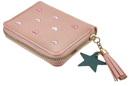 Süße Geldbörse für Mädchen und Jungs Damen mini Portemonnaie aus weichem PU Leder mit Reißverschluss,Und Sternquaste Anhänger Münzfach und Kartenfächern (Rosa)