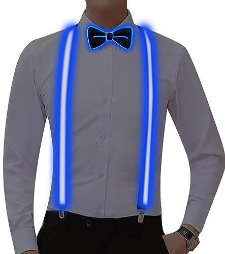Kikuo Leuchtende Hosenträger Y-förmiger Elastisch Verstellbar mit Leuchtende Fliege Set, ür Herren und Damen, Halloween-Kostümparty, Oktoberfest, Karneval Party Festival Outfit (Blau, 2 Stück/Set)