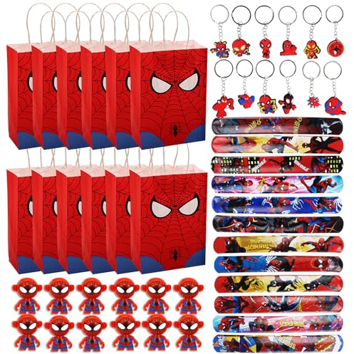 48 PCS Bomboniere Spiderman, 12 Portachiavi Spiderman + 12 Sacchetti Regalo Spiderman + 12 Braccialetti A Scatto Spiderman + 12 Giocattoli Di Spider-Man, Bambini Spiderman Regalo Compleanno