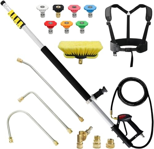 24 FT Pressure Washer Telescoping Wand with Power Washer Extension Wands, Brush Head, Gutter Cleaner, 7 Spray Nozzle Tips, 2 Hose Adapters and Support Belt (Pressure Washer Telescoping Wand)