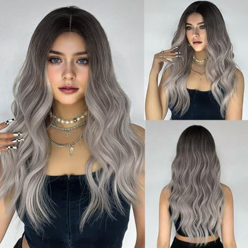 Siudus Grau Lange Lockige Perücken für Frauen Dark Root Graue Wellige Haar Perücke Mittelteil Synthetische Faser für Cosplay Halloween Täglichen Gebrauch