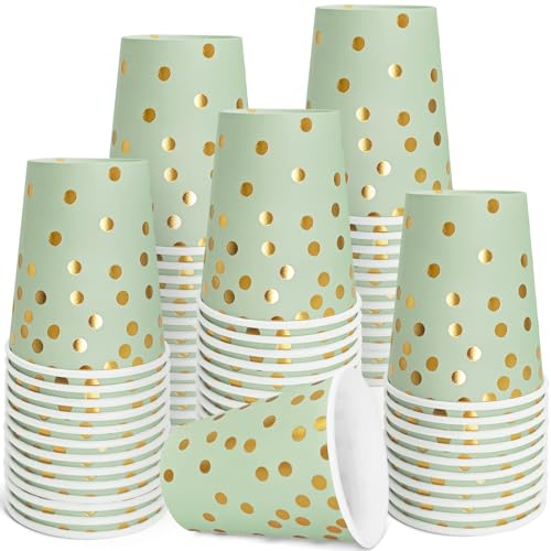 WYQJHKV Sage Green and Gold Paper Cups,9 oz Sage Green and Gold Disposable Cups,Paper Cups for Birthday Wedding Party Supplies(50 Pcs)