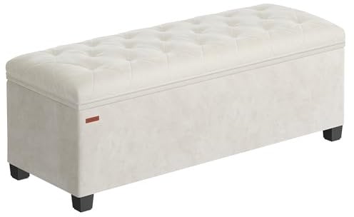 SONGMICS Storage Ottoman Bench, Ottoman Foot Rest with Legs, 40 x 110 x 40 cm, End of Bed Bench, Storage Chest, Load up to 300 kg, for Living Room, Bedroom, Entryway, Cream White LSF089W02