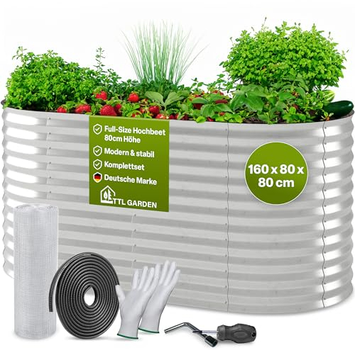 TTL GARDEN 160x80x80cm Spirit M Metall Hochbeet Silber - Stahl rostfrei verzinkt Wellblech ovale Form groß sehr stabil & wetterfest Garten Beet für Gemüse Kräuter Blumen Gartenbeet Gemüsebeet