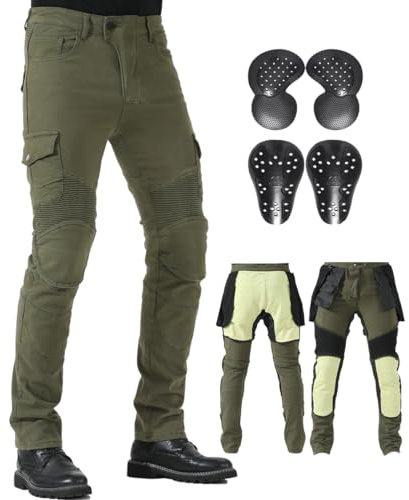 CTBQiTom Pantalón Moto para Hombre con Revestimiento Protector de aramida Pantalón de Moto con Coraza Desmontable CE,Verde Militar,34W/30L