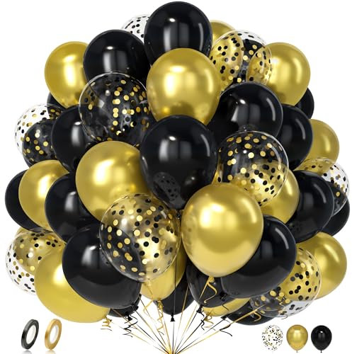 Unisun Luftballons Schwarz Gold, 50 Stück Latex Ballons Metallic Gold und Schwarz Konfetti Luftballon Männer Frauen Geburtstag Jubiläum Hochzeit Verlobung Abschlussfeier Valentinstag Brautparty Deko