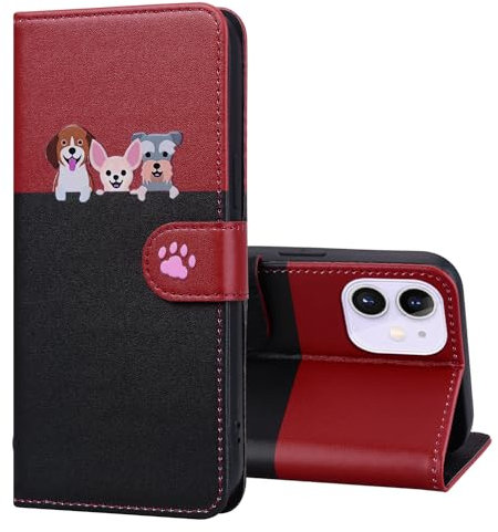 FALUWONRU per iPhone 11 Carte di Credito Custodia in Pelle Cover Apple 11 a libro Magnetica Custodia Custodia a Portafoglio di Cane e Gatti Cartoon per Donne,Rosso&Nero