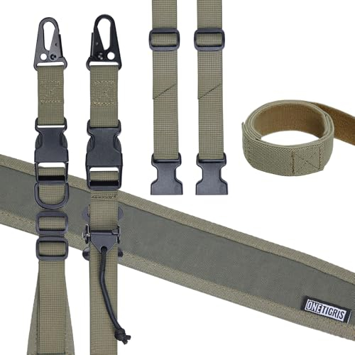 OneTigris 2 Punkt Gewehrriemen, 1 Zoll breiter Sling Riemen mit austauschbaren Karabinerhaken im HK-Stil, einstellbare Länge von 46 Zoll - 68,5 Zoll, Ranger Grün