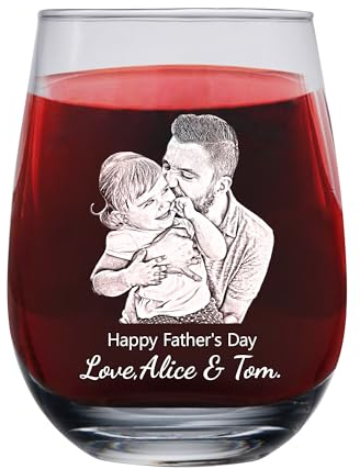 Personalized Photo Whiskey Glass with Child's Names Custom Name 12/15 oz Stemless Wine Glass Engraved Wine Glass Father's Day Valentine's Day Holiday Glass Mug for Men Dad Husband Grandpa Papa Women