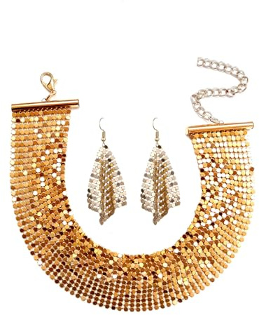 Faruodis Pailletten Halskette Ohrringe Set breite Metall Mesh Choker Halskette Punk glänzende Pailletten Kragen Halskette Kette Schmuck für Frauen Damen (Gold)