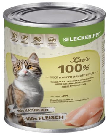 Lecker.Pet® | 6 x 400 g Leo's 100% Hühnermuskelfleisch Katzen Nassfutter | Hochwertiges Katzenfutter aus Huhn | Getreidefrei & ohne Zuckerzusatz | Natürlich & ohne Zusatzstoffe | Reich an Proteinen