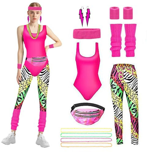 80er 90er Jahre Outfit Damen,Retro Neon Kostüm Outfit Accessoires,Top Leggings Stirnband Handschlaufe Beinschutz Bauchtasche Tasche Ohrringe Halskette Set für Karneval Mottoparty Neon Kleidung Rosa