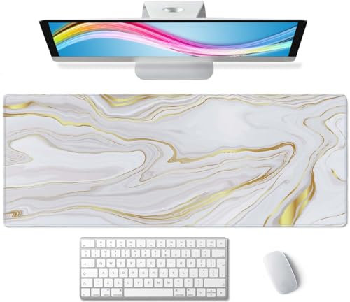 Marble Desk Pad White Gold Large Mouse Pad Gaming Mousepad Extended XL Keyboard Pad 31.5 x 11.8 in Laptop Computer Mouse Keyboard Mat for Office Desk Decor