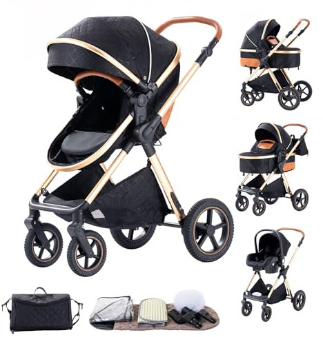 BEBBY Poussette 3 en 1, poussette bébé, Poussette Tout Terrain, carriole pour bébé Naissance, buggy Canne Paysage Haut Cadre en Aluminium Pour Nouveau-né (H2-BLACK)