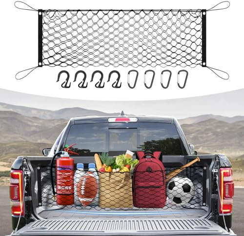 Canvcle LKW-Bett-Frachtnetz für Dodge Ram 1500 2019–2025, 2026, Zubehör, Umschlag-Stil, Netz, Organizer und Aufbewahrung, dehnbar, verstellbar, elastisch, Nylon, hinten, mit Haken