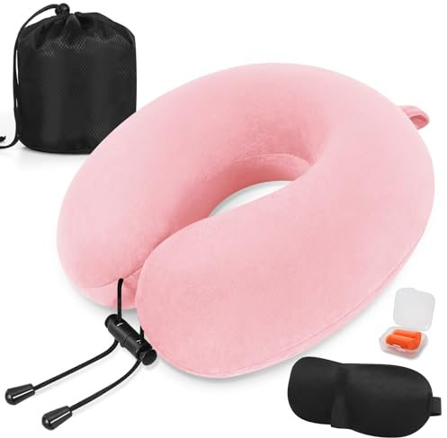 iophi Cuscino da viaggio, Cuscino collo in memory foam, Cuscino di supporto, Cuscino Cervicale da Viaggio per Auto, Viaggio con Maschera per gli Occhi e Tappi per le Orecchie, Borsa da Viaggio (Rosa)