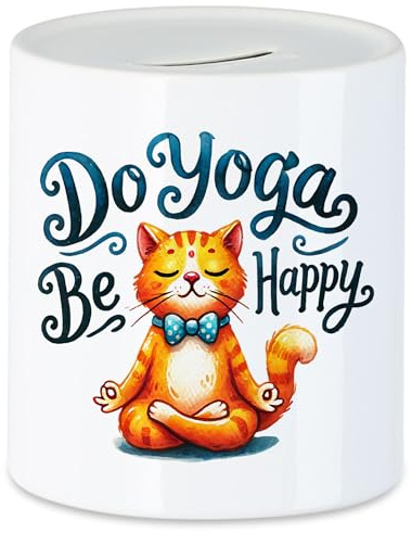 Hey!Print Do Yoga Be Happy Spardose Geschenkidee für Yoga-Fans und Katzenliebhaber Entspannung und Achtsamkeit