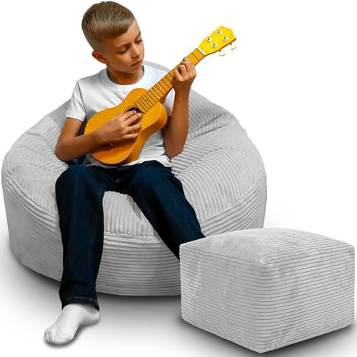 DreamRoots Sitzsack Erwachsene Cord oder Kinder - Bean Bag Sofa - Sitzsack Cord mit Hocker und Bezug - Sitzsäcke mit Füllung 70x70x70 cm Storm Gray