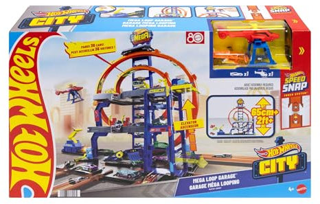 Hot Wheels Toy Car Track Set with Die-Cast Car & Helicopter, 2 Loops, Storage for 37 1:64 Scale Vehicles, Speed Snap Adapters, Mega Loop Garage, JLC05