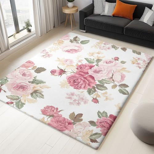 Teppich Wohnzimmer Schlafzimmer, Teppich Pfingstrose Mit Vintage-Blumen Muster Weich Kurzflor & Waschbar & rutschfest Zuhause Fussmatte Innen, Kinderteppich 80 x 150 cm, Rosa