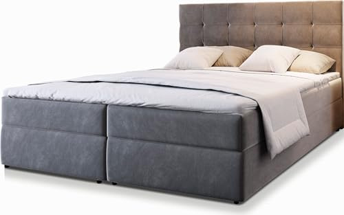 Masseno Boxspringbett GLOS 180x200 cm Komplett-Set mit Matratze und Topper, Polsterbett mit Zwei Bettkästen -Grau, Cosmic 160