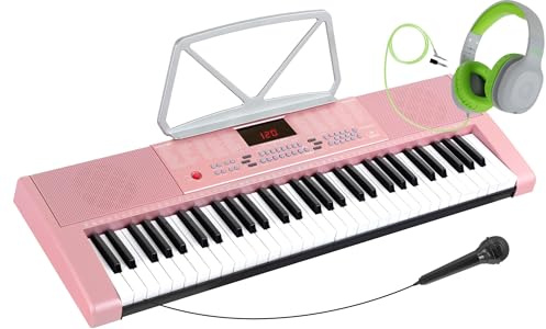McGrey LK-6120-MIC Keyboard mit Mikrofon & Kinderkopfhörer Set - Einsteiger-Keyboard mit 61 Leuchttasten - 255 Sounds und 255 Rhythmen - 50 Demo Songs - Mikrofon und over ear Kopfhörer - Pink