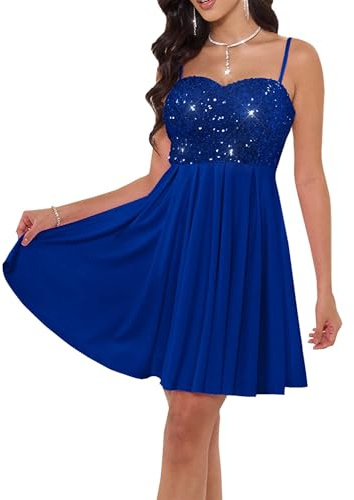 Angel-fashions Damen Schulterfreies Pailletten-A-Linienkleid Elegantes kurzes Ballkleid Cocktailkleid