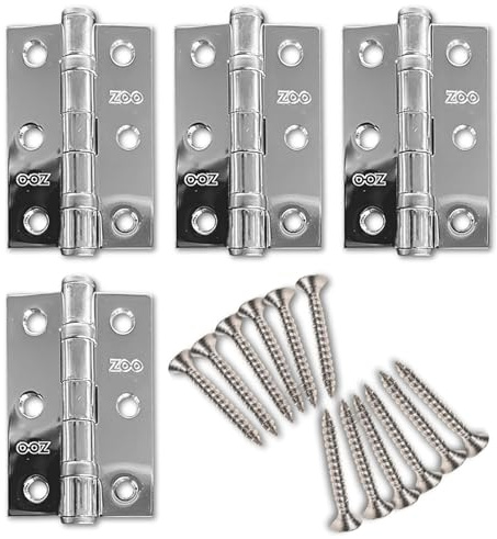 Primes DIY 4 Hinges with Screws 2 Pairs, 4-Inch Satin Chrome Ball Bearing Hinges Heavy-Duty Steel Door Hinges for Wooden Doors Smooth & Silent Operation Rust-Resistant Interior Door Hinges