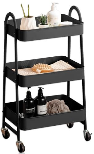 K AKTUAL Carrito Auxiliar con Ruedas, Carrito de Cocina con 3 Ganchos,Carro Organizador almacenaje, 44x32x80cm. Ideal para baño, Cocina, salón, Oficina y estetica. Color Negro.